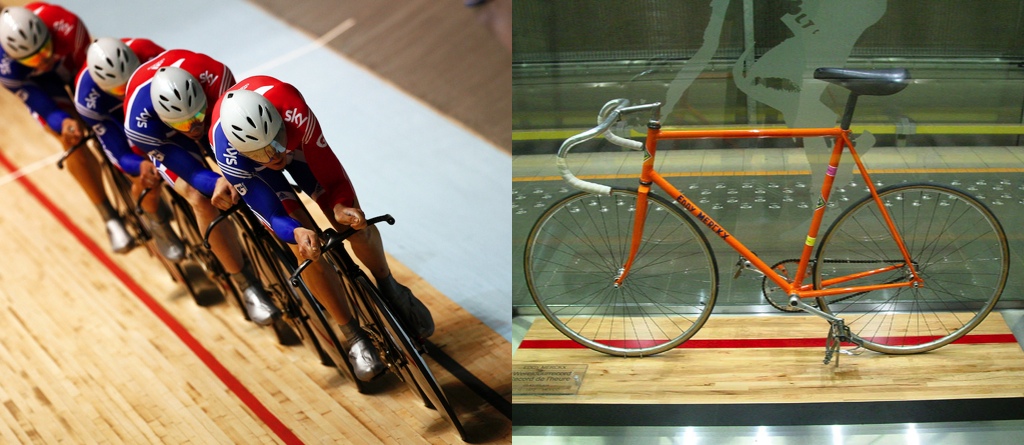 เปรียบเทียบจักรยาน Team Pursuit สมัยใหม่ (ซ้าย) และจักรยานทรง traditional ที่เมิร์กซ์ใช้สร้างถิติในปี 1972 (ขวา)